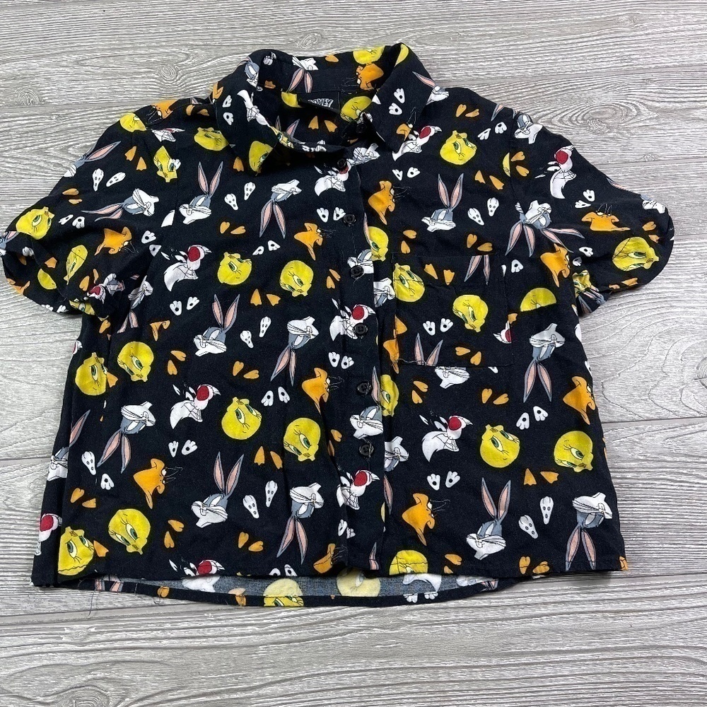 Retro LOONEY TUNES Black & Gold Croped Shirt Small S Tweety Bugs Bunny Sylvester